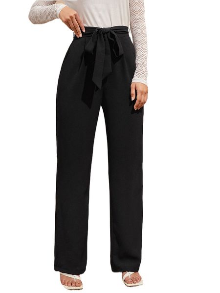 

high waist belted straight leg pants d2p0#, Black;white