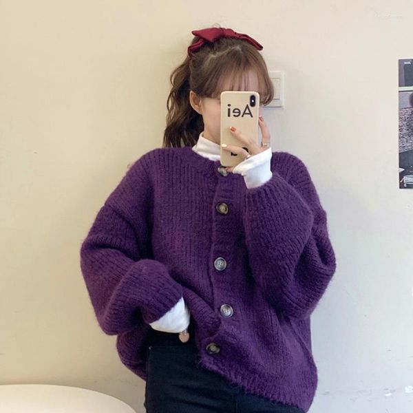 Kadınlar Mor Sweater Gevşek Dış Aşınma Sonbahar ve Kış Yabani Ceket 2022 Japon Örme Haligan Sweaters