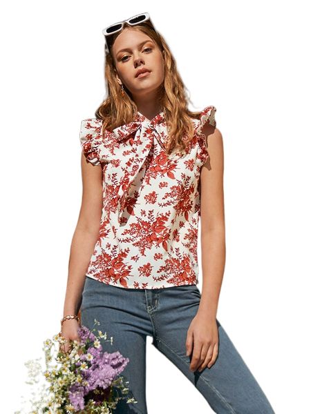 

floral print tie neck blouse b5cr#, White