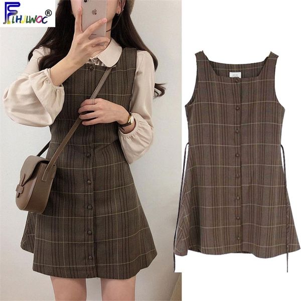 Carino Mini Anno Data Abiti Gilet senza maniche Donna Corea Stile giapponese Design Retro Vintage Plaid Abito camicia con bottoni 11021 220815