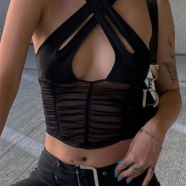 

weird puss y2k hollow women halter tank sleeveless ruched patchwork mesh camisole clubwear fashion solid vest outfit 220511, White