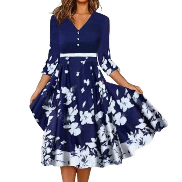 

women's a line dress midi dress blue 3/4 length sleeve floral button print spring summer v neck elegant vacation 2022 s  l xl xxl 3xl, Black;gray