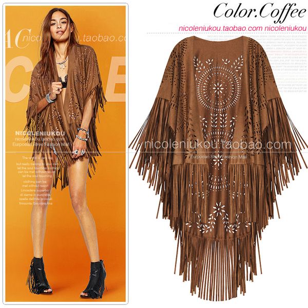 2022 neue europäische mode frauen kurzarm wildleder leder aushöhlen floral quaste fringe coole cape-mantel strickjacken