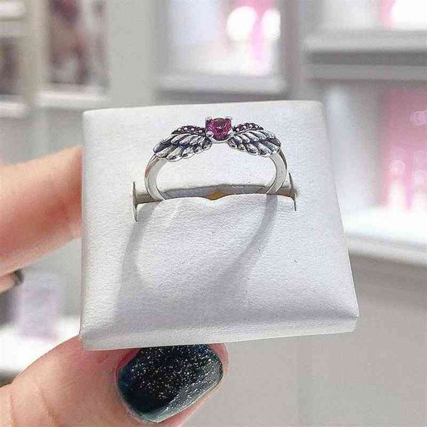 

sterling 925 silver sparkling angel wings ring with pink zirconia fashion pandora style jewelry ring for women3247