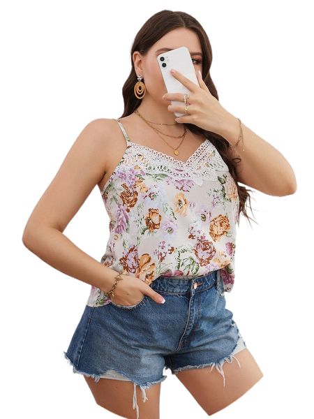 

plus floral print guipure lace insert cami z6tn#, Black