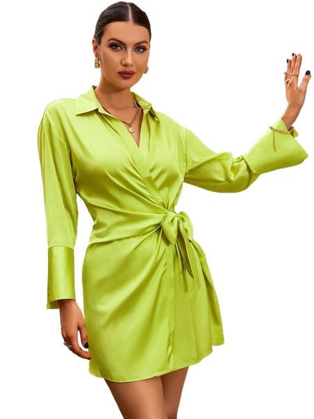 

drop shoulder knot side satin dress j6hw#, Black;gray