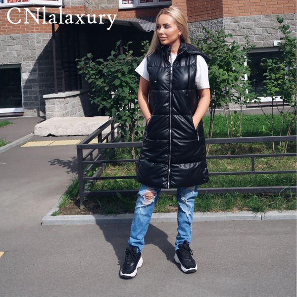 

cnlalaxury pu leather vests women fashion autumn winter hooded pockets jacket coats elegant black parka outwear femal ladies 220809, Black;white