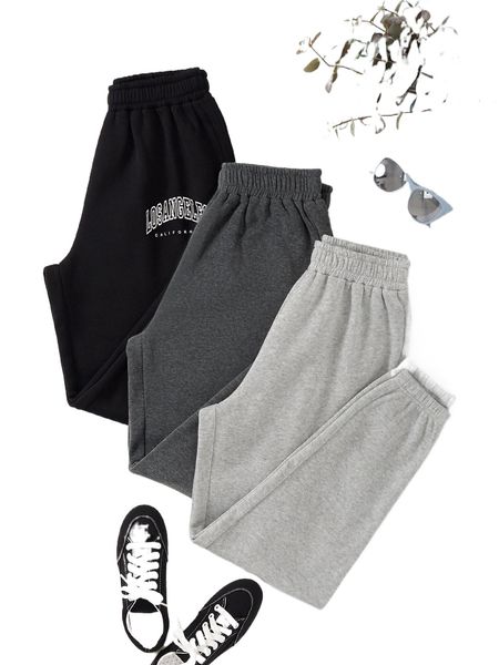 

3pcs letter graphic elastic waist thermal lined sweatpants p5bg#, Black;white