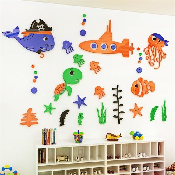 Kreative Unterwasserwelt Ozean 3D Stereo Wandaufkleber Cartoon Schwimmbad Aufkleber Kinderzimmer Kindergarten T200421