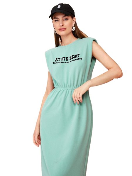 

slogan graphic shoulder pads dress q2qu#, Black;gray