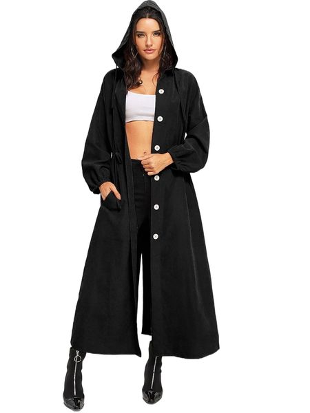 

waist drawstring button split back coat l51g#, Black