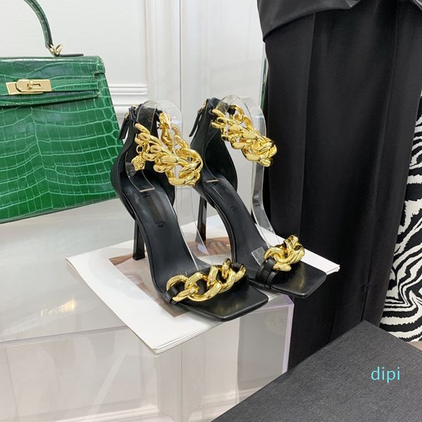 Роскошная дизайнерская обувь женщина цепь кожаная сандалии элегантные сандалии на высоком каблуке мягкие сандалии по овчине сандалии по размеру 35-41