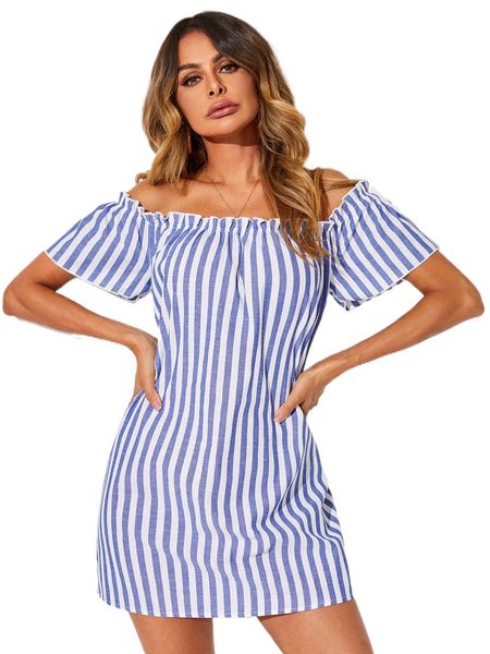 

striped off shoulder frill trim dress h0ql#, Black;gray