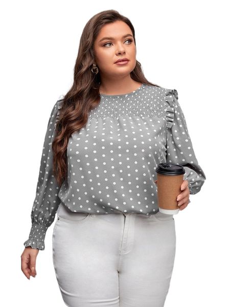 

frenchy plus polka dot shirred frill trim lantern sleeve blouse 79wu#, Black