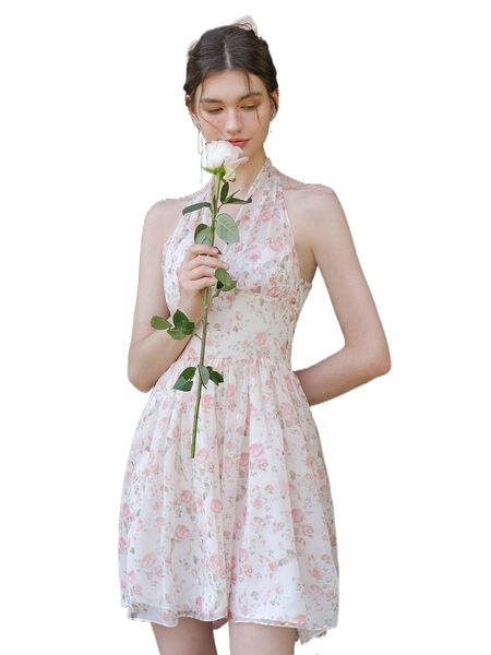 

floral print tie backless halter dress c5ms#, Black;gray