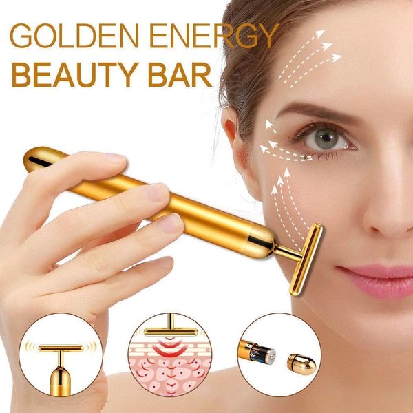 Beauty Bar 24k Golden Pulse Energy Massaggiatore viso Massaggiatore viso elettrico a forma di T per tirare stretto rassodante Lift Cura quotidiana della pelle Oro
