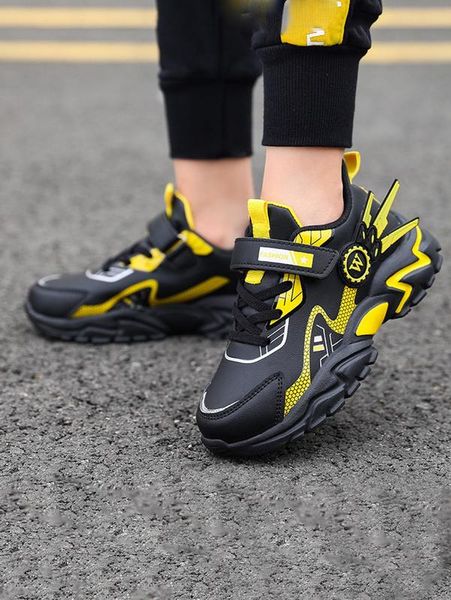 

kids letter graphic color block hook-and-loop fastener chunky sneakers she, Black