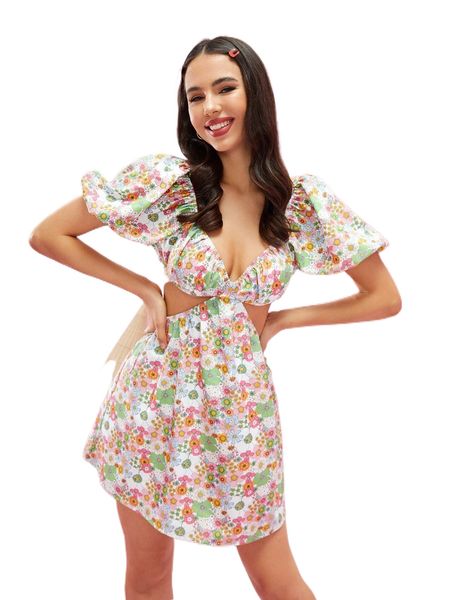 

x alexandra five floral print cutout puff sleeve a-line dress z2ia#, Black;gray