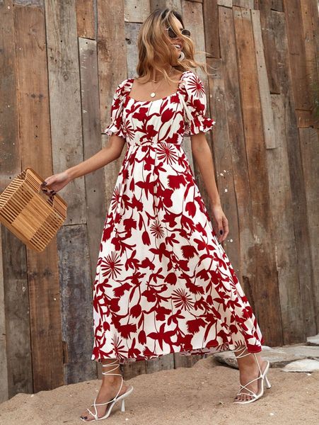 

floral print square neck dress h93s#, Black;gray