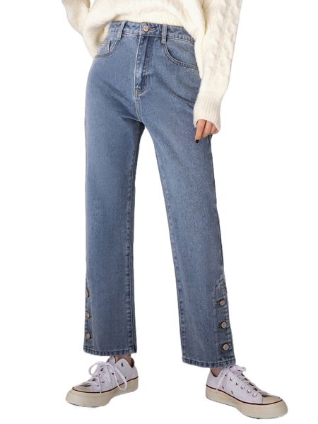 

dazy high waist button hem straight leg jeans 10fn#, Blue