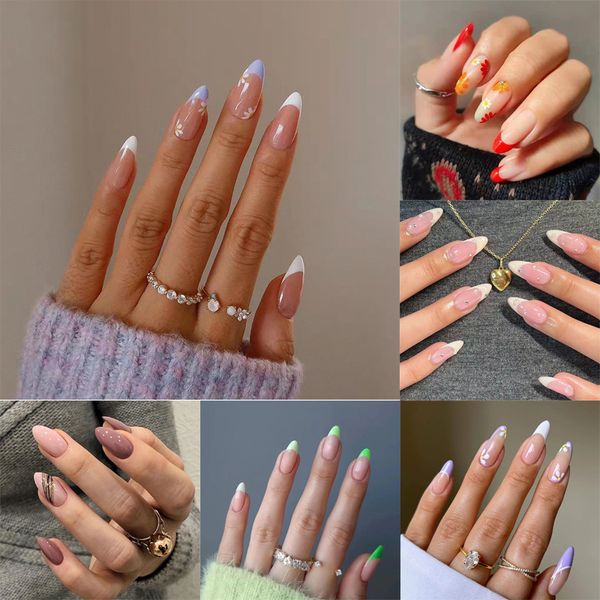 Pressione as unhas Long Coffin False unhas Conjunto de bailarina francesa Design curto unhas falsas com cola capa de unha Tip da unha Art 220725