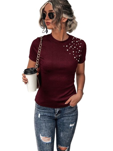 

pearls beaded rib-knit round neck tee 50ia#, White