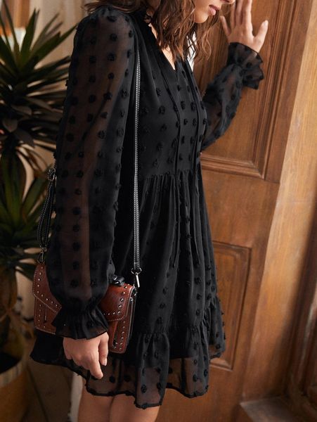 

swiss dot tie neck flounce sleeve ruffle hem dress r8ix#, Black;gray