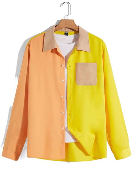 

men button front colorblock panel shirt e1na#, White;black