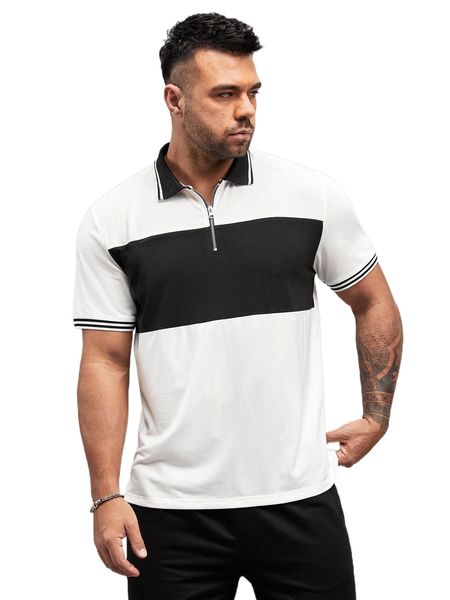 

extended sizes men colorblock half zip stripe trim polo shirt b6ex#, White;black