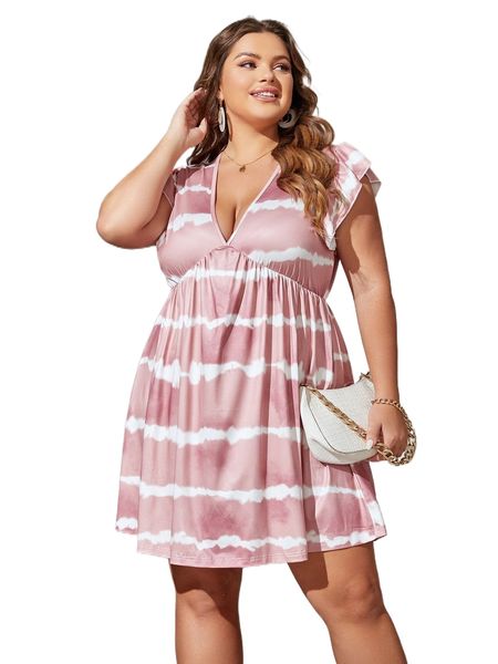 

plus tie dye butterfly sleeve plunging neck dress p963#, Black