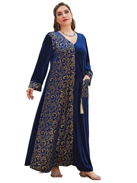 

plus gold scroll print tassel detail pocket patched velvet dress p81c#, Black