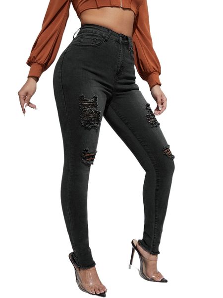 

sxy high waist ripped raw hem skinny jeans f3qb#, Blue