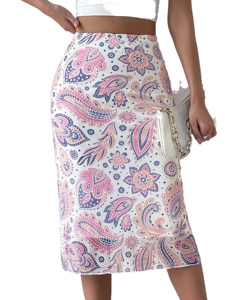 

paisley print high waist skirt o43k#, Black