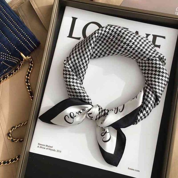 

designer silk head scarf lattice female spring and autumn version square 70cm small silk scarf fashion foreign style versatile net red woman, Blue;gray