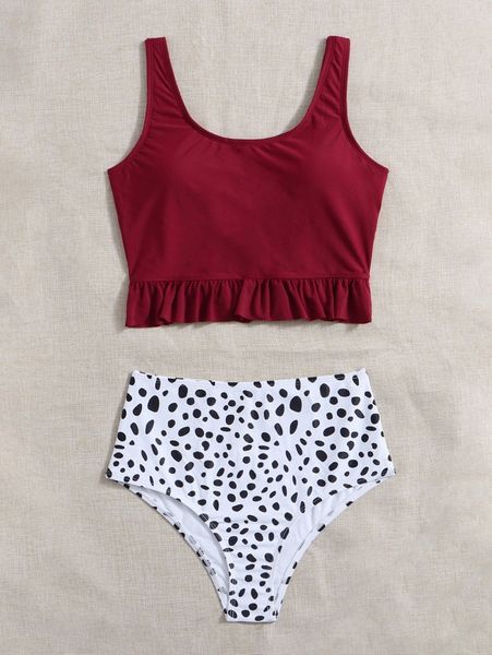 

dalmatian print ruffle hem bikini swimsuit x9mw#, White;black