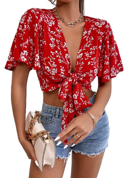 

petite floral print knot front butterfly sleeve crop v7mw#, White