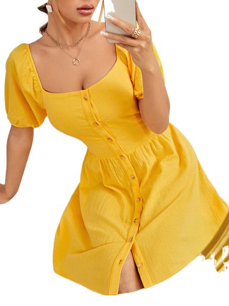 

button up scoop neck puff sleeve dress a890#, Black;gray