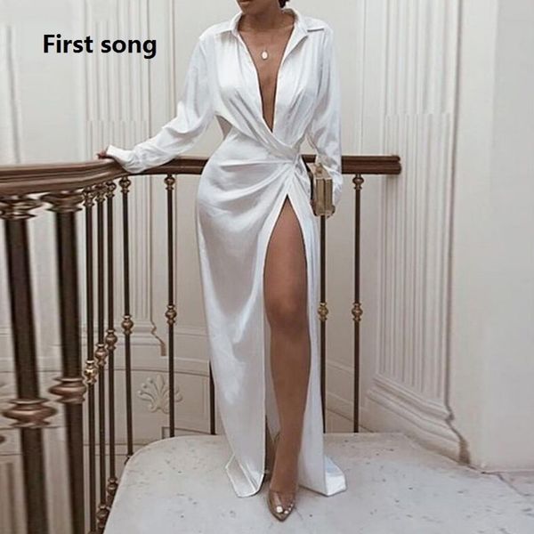 

first song autumn lapel long sleeve shirt dress new womens party dress elegant high split irregular womens maxi dress y200828, Black;gray