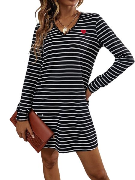 

striped print heart embroidery dress n4ja#, Black;gray