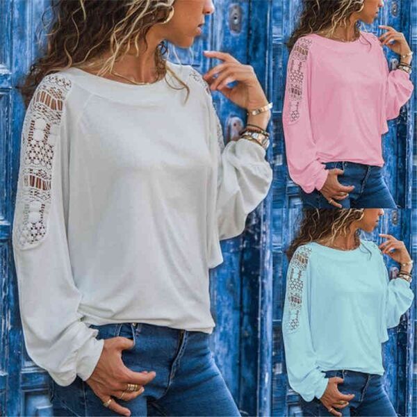 

women's t-shirt autumn solid color hollow long sleeve loose t-shirt k61o, White