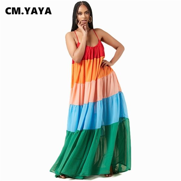 

cm.yaya women long dress patchwork sleeveless strap slash neck loose maxi dresses casual fashion vestidos summer outfits 220516, Black;gray