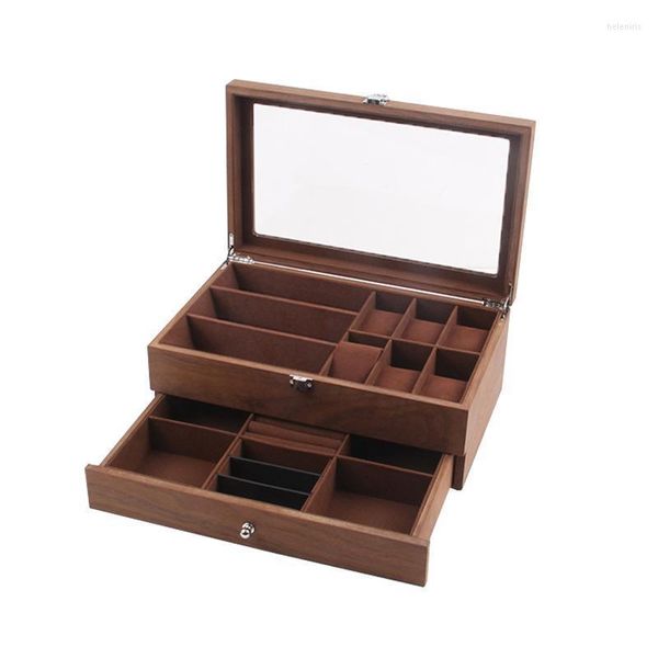 Uhrenboxen Hüllen Box Organizer für Männer Holz 12 Slots Großhandel Walnuss Schmuck Brillenetui Ohrringe Ring Anhänger AufbewahrungsboxUhr Hele22