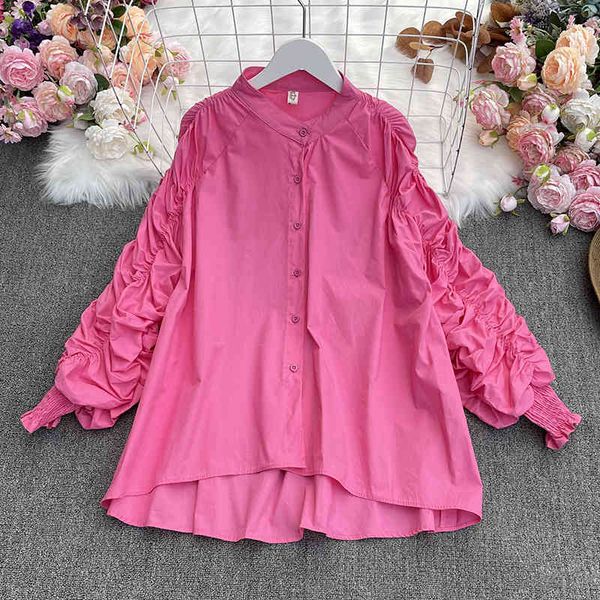 

women's blouses & shirts [ewq]shirt design sense niche color matching pleated long-sleeve loose mid-length style wild european and amer, White