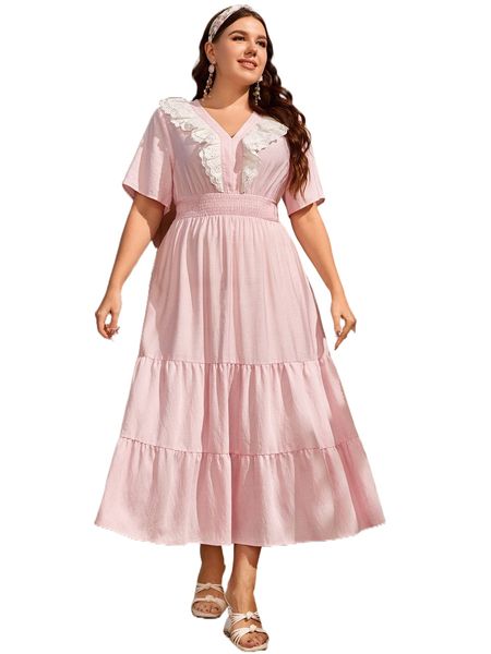 

plus eyelet embroidered ruffle trim shirred waist dress x5qo#, Black