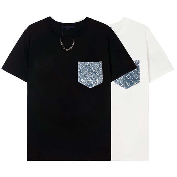 

2022 men's t-shirts spring and summer round neck t-shirt, classic small chain + denim pocket craft, White;black