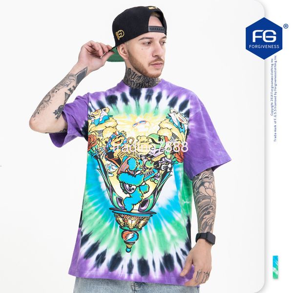 

men's t-shirts fg menswear | spring and summer trendy br washing old tie dye cartoon spoof bear print short sleeve t-shirt men dcrw, White;black