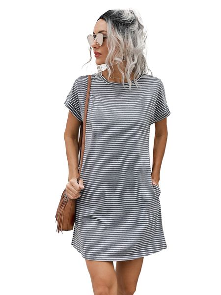 

striped print pocket detail tee dress s6rm#, Black;gray
