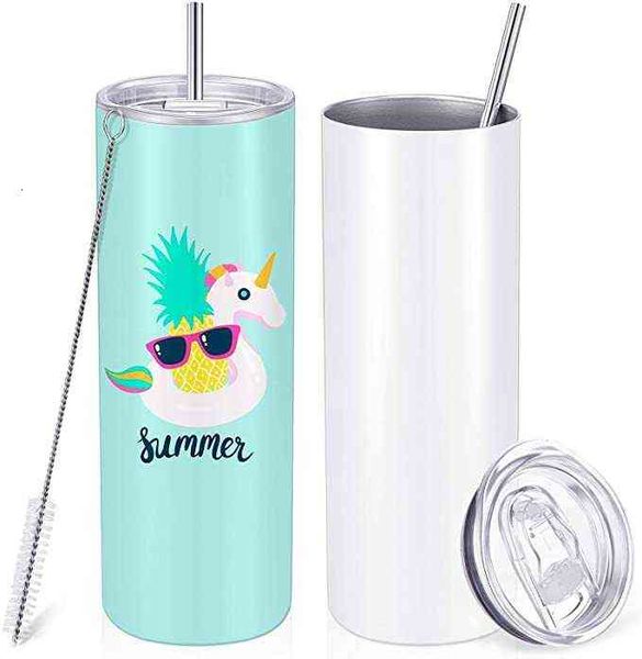 

straight 20oz diy sublimation tumbler set stainless steel insulated travel office mug with closed lid straw slim water cup dhl