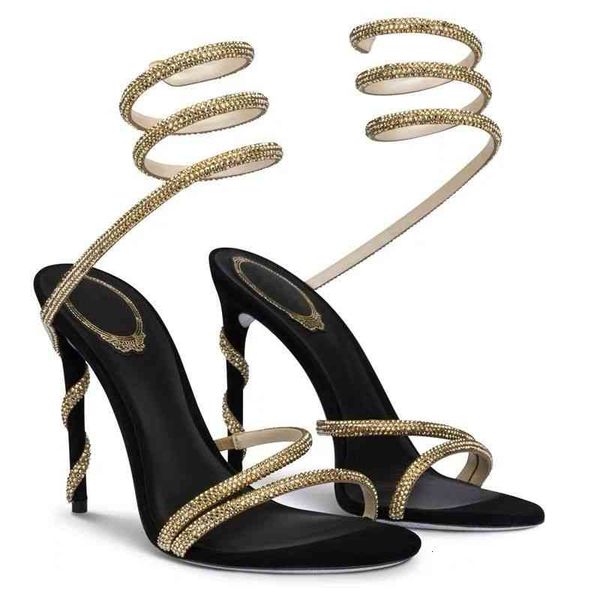 

sandals french celebrity diamond ribbon snake around foot fashion high heel thin round head open toe women's sandals 4fkm, Black