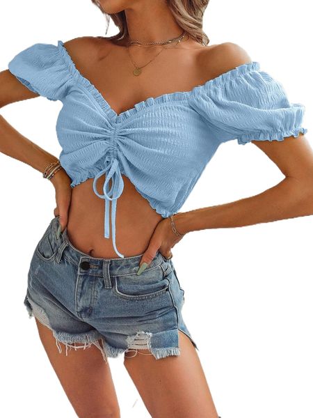 

frill trim drawstring front crop blouse p6eo#, White
